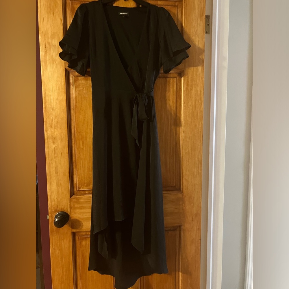 Express Elegant Black Wrap hi-lo Dress with flutter sleeves